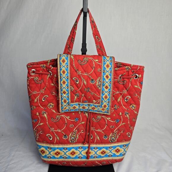 Naturalizer Quilted Drawstring Backpack Shoulder Tote Red Paisley Multi-Color - Picture 13 of 13